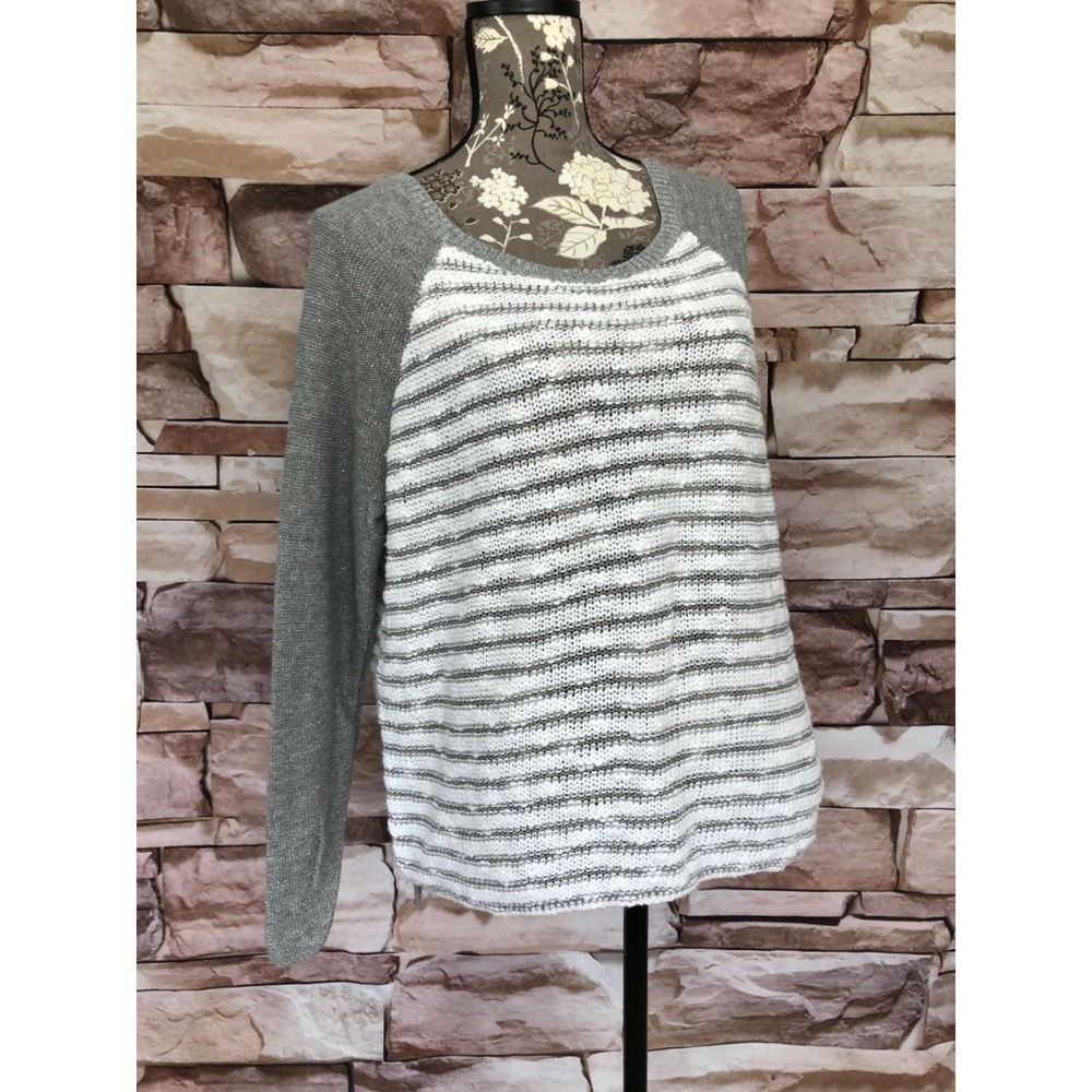 Hollister Sparkle Slouchy Sweater Metallic Stripe Step Hem Gray White Loose Knit